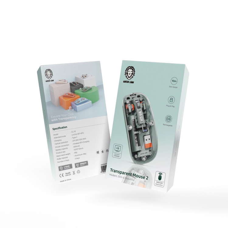 ماوس بیسیم و شفاف Green Lion مدل Transparent Mouse 2 با دقت 1600DPI و قابلیت اتصال به سه دستگاه به طور همزمان