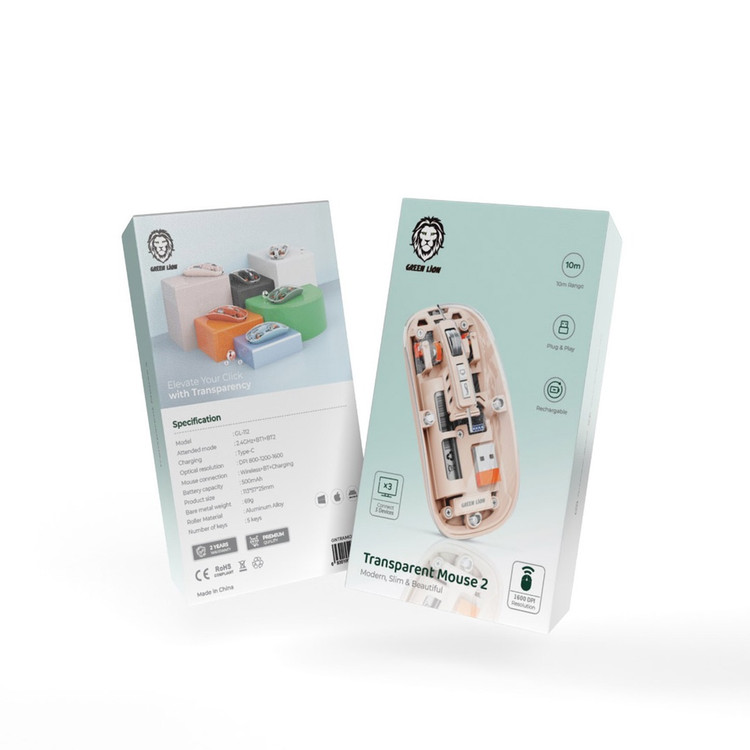 ماوس بیسیم و شفاف Green Lion مدل Transparent Mouse 2 با دقت 1600DPI و قابلیت اتصال به سه دستگاه به طور همزمان