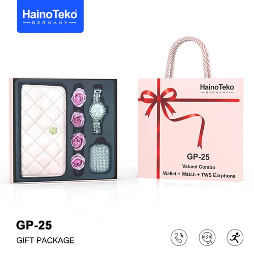پکیج هدیه ویژه Haino Teko Germany GP 25 - ساعت آنالوگ، کیف و هدفون بلوتوثی برای بانوان