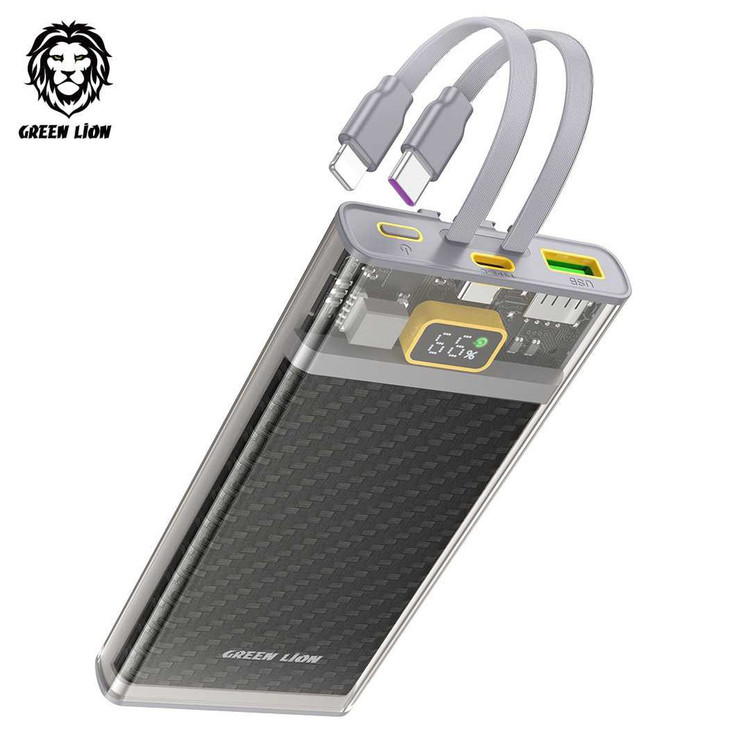 پاوربانک ترنسپرنت 2 Green Lion 10000mAh با کابلهای داخلی و فناوری شارژ سریع PD 20W