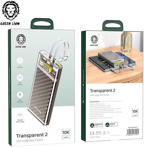 پاوربانک ترنسپرنت 2 Green Lion 10000mAh با کابلهای داخلی و فناوری شارژ سریع PD 20W