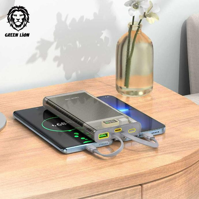 پاوربانک ترنسپرنت 2 Green Lion 10000mAh با کابلهای داخلی و فناوری شارژ سریع PD 20W