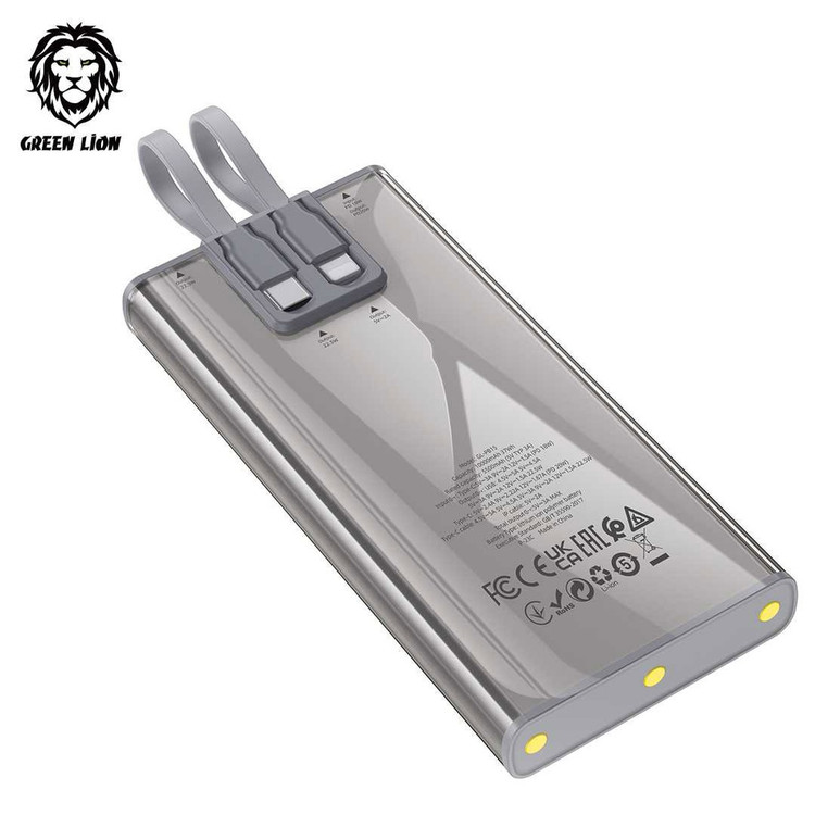 پاوربانک ترنسپرنت 2 Green Lion 10000mAh با کابلهای داخلی و فناوری شارژ سریع PD 20W