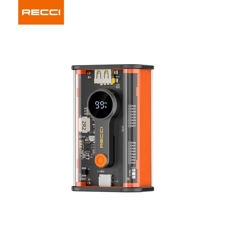 پاوربانک RECCI P35 | ظرفیت 10,000 میلیآمپر، شارژ سریع 22.5 وات و طراحی شفاف