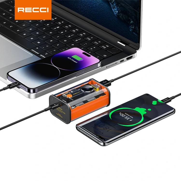 پاوربانک RECCI P35 | ظرفیت 10,000 میلیآمپر، شارژ سریع 22.5 وات و طراحی شفاف
