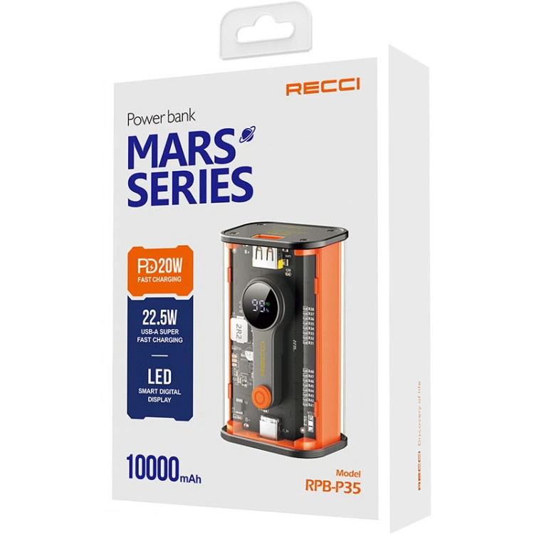 پاوربانک RECCI P35 | ظرفیت 10,000 میلیآمپر، شارژ سریع 22.5 وات و طراحی شفاف