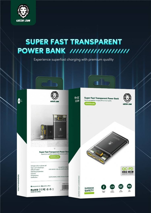 پاوربانک Green Super Fast Transparent 10000mAh | شارژ سریع QC 22.5W و PD 20W