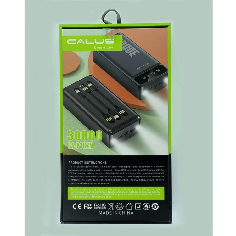 پاوربانک Calus CA-P302M | ظرفیت ۳۰,۰۰۰ میلیآمپر، شارژ سریع، دو پورت USB و نمایشگر LED