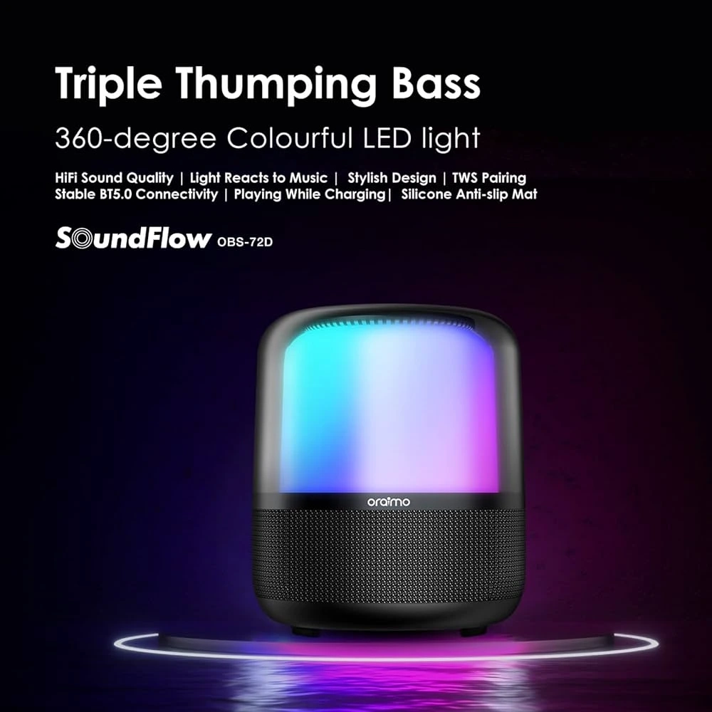 اسپیکر بلوتوثی اورایمو Oraimo SoundFlow OBS-72DBLK | صدای قدرتمند 50 وات با نورپردازی 360 درجه