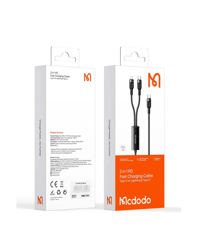 کابل دوکاره مک دو دو Mcdodo CA-878 Type-C به Type-C و Lightning - طول ۱.۲ متر، شارژ سریع ۱۰۰ وات
