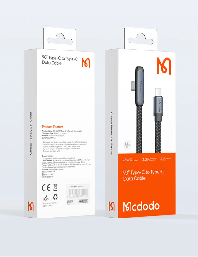 کابل شارژ گیمینگ TypeC به TypeC مکدودو مدل Mcdodo CA-336 - شارژ سریع و طراحی L شکل ارگونومیک