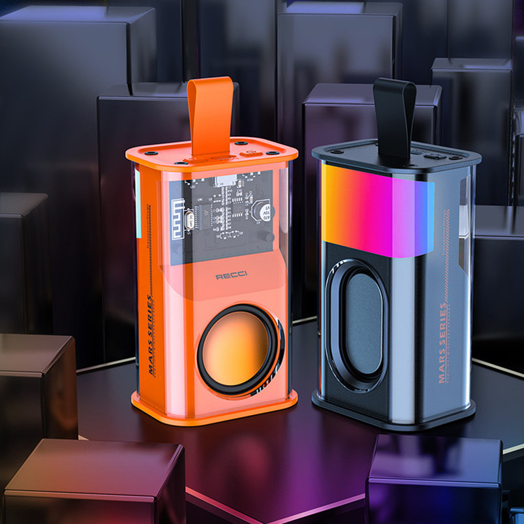 اسپیکر بلوتوثی ترنسپرنت Recci RSK-W30 با نورپردازی RGB و صدای Hi-Fi، مناسب برای استفاده روزمره و مهمانی