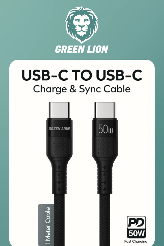 کابل شارژ تایپسی به تایپسی Green Lion مشکی با توان ۵۰ وات، مناسب برای شارژ سریع و همگامسازی دیتا