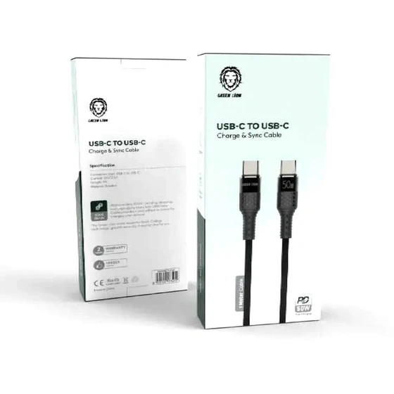 کابل شارژ تایپسی به تایپسی Green Lion مشکی با توان ۵۰ وات، مناسب برای شارژ سریع و همگامسازی دیتا