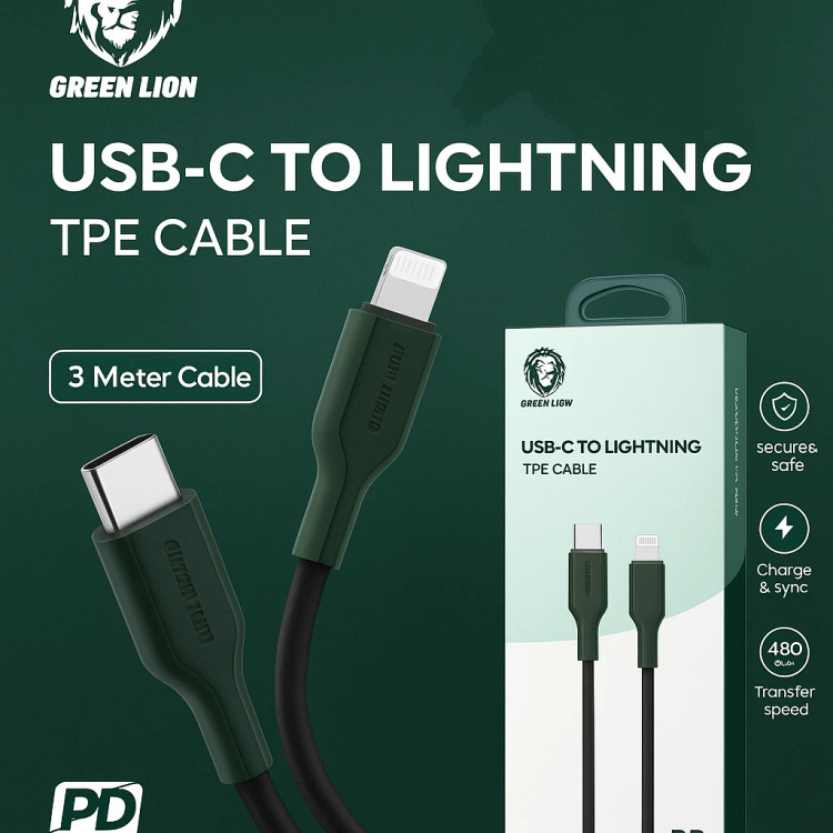 کابل شارژ Green Lion تایپسی به لایتنینگ ۳ متری با روکش بافتدار، توان ۲۰ وات، مناسب آیفون و آیپد