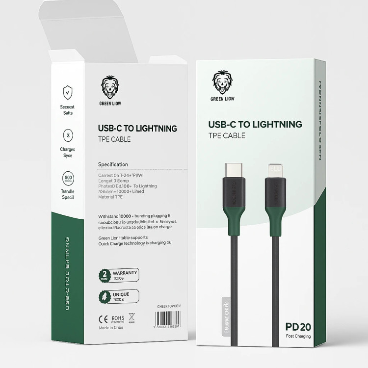 کابل شارژ Green Lion تایپسی به لایتنینگ ۳ متری با روکش بافتدار، توان ۲۰ وات، مناسب آیفون و آیپد