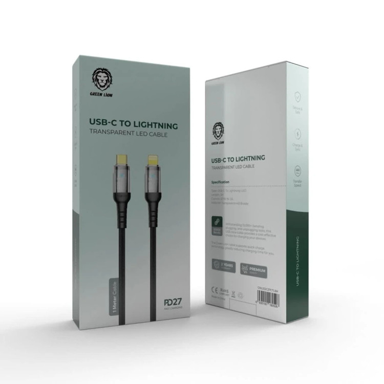 کابل شارژ Green Lion تایپسی به لایتنینگ شفاف با LED، طول ۱ متر، توان ۲۷ وات PD