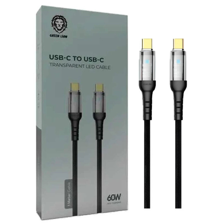 کابل شارژ Green Lion تایپسی به تایپسی شفاف با نور LED، طول ۱ متر، توان ۶۰ وات