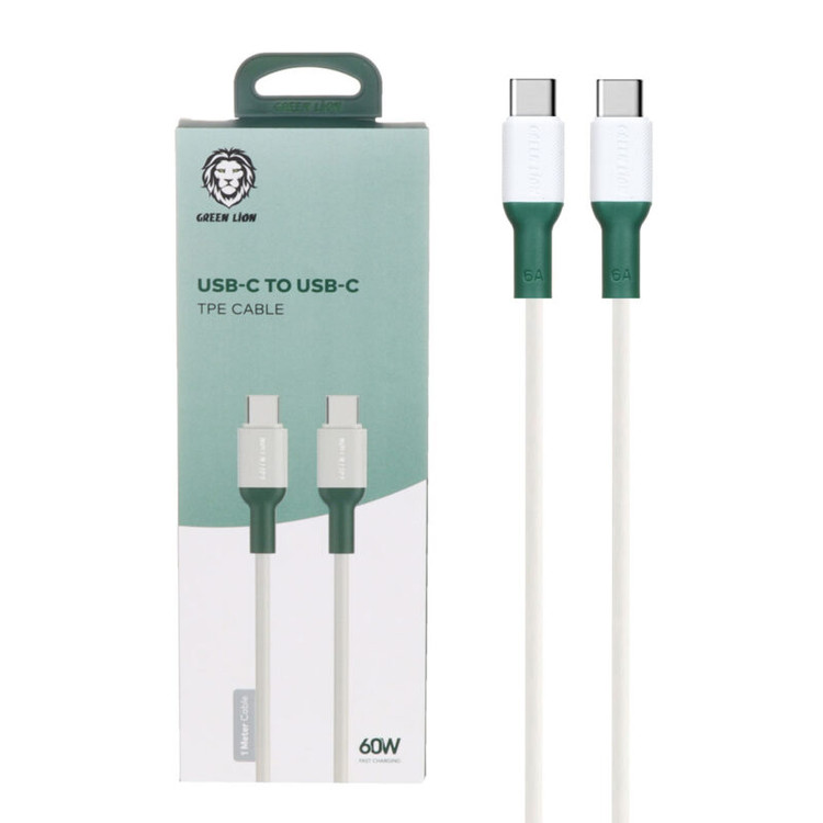 کابل شارژ Green Lion تایپسی به تایپسی TPE، طول ۱ متر، توان ۶۰ وات، مناسب شارژ سریع