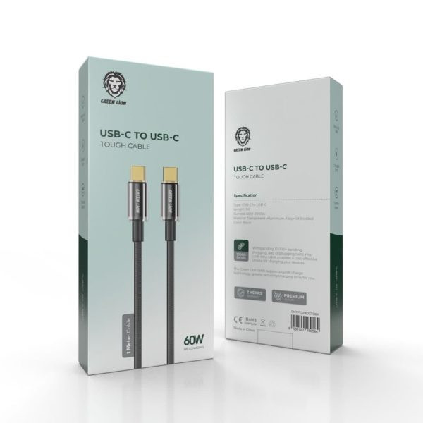 کابل شارژ تایپسی به تایپسی Green Lion مدل Tough با توان ۶۰ وات، طول ۱ متر، با ساختار شفاف و آلومینیومی تقویتشده