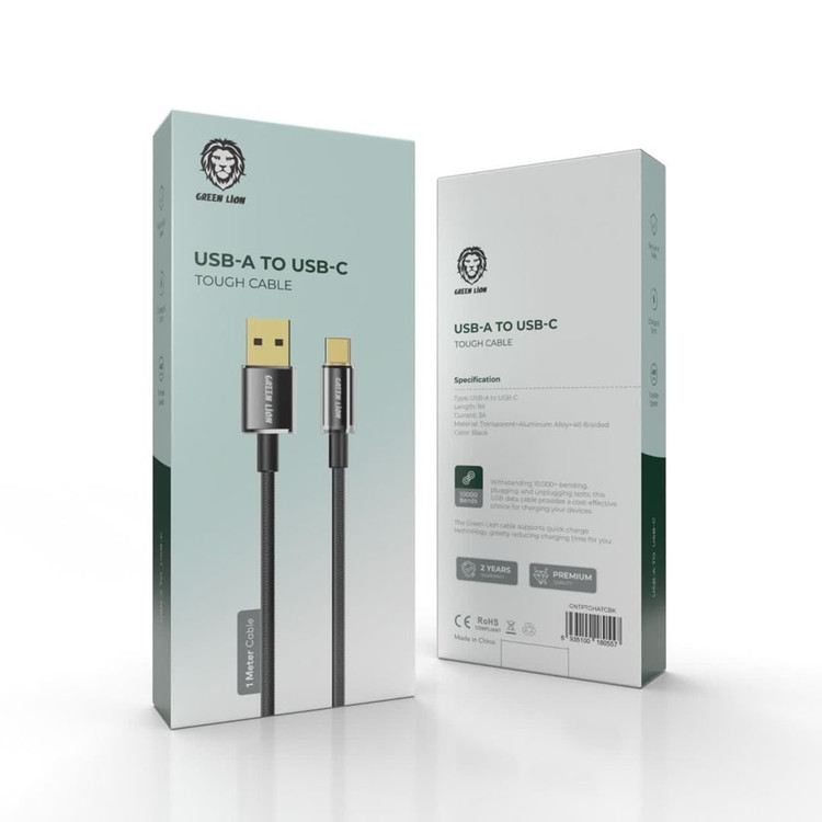 کابل شارژ Green Lion Tough مدل تایپ سی به USB-A با بدنه فلزی تقویتشده، ۱ متری، پشتیبانی از شارژ سریع