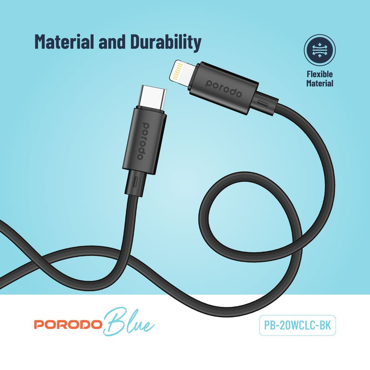 کابل تایپسی به لایتنینگ Porodo Blue مدل PB-UC1MLC-BK با توان ۲۰ وات و طول ۱ متر، مناسب برای آیفون و آیپد
