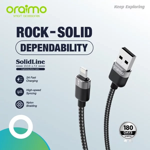 کابل لایتنینگ به USB اورایمو مدل SolidLine OCD-L72 با روکش نایلونی و توان ۲ آمپر، طول ۱ متر