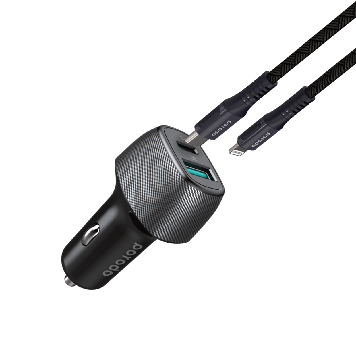 شارژر فندکی Porodo دو پورت PD و QC3.0 با توان 43 وات + کابل Braided تایپسی به لایتنینگ طول 0.9m