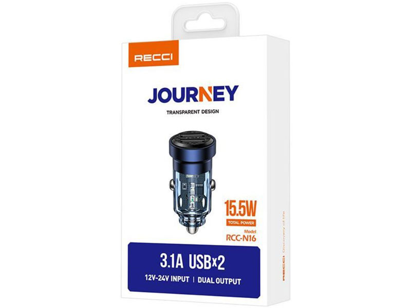 شارژر فندکی Recci مدل RCC-N16 با طراحی ترنسپرنت و دو پورت USB-A، توان 15.5 وات