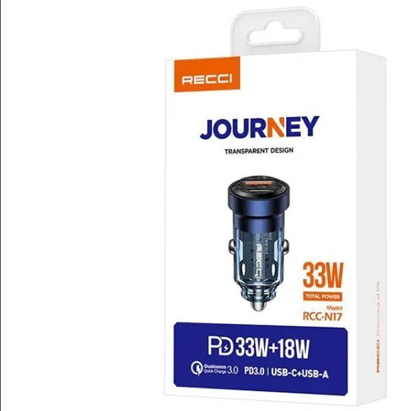 شارژر فندکی Recci مدل RCC-N17 با طراحی شفاف، دو پورت (USB-C + USB-A) و توان 33 وات + 18 وات (PD3.0 + QC3.0)