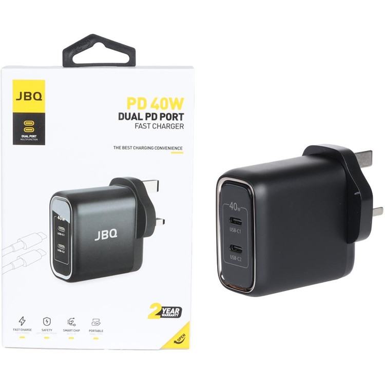 شارژر دو پورت سریع تایپ سی JBQ مدل HC-740 با توان 40 وات، مناسب آیفون و سامسونگ