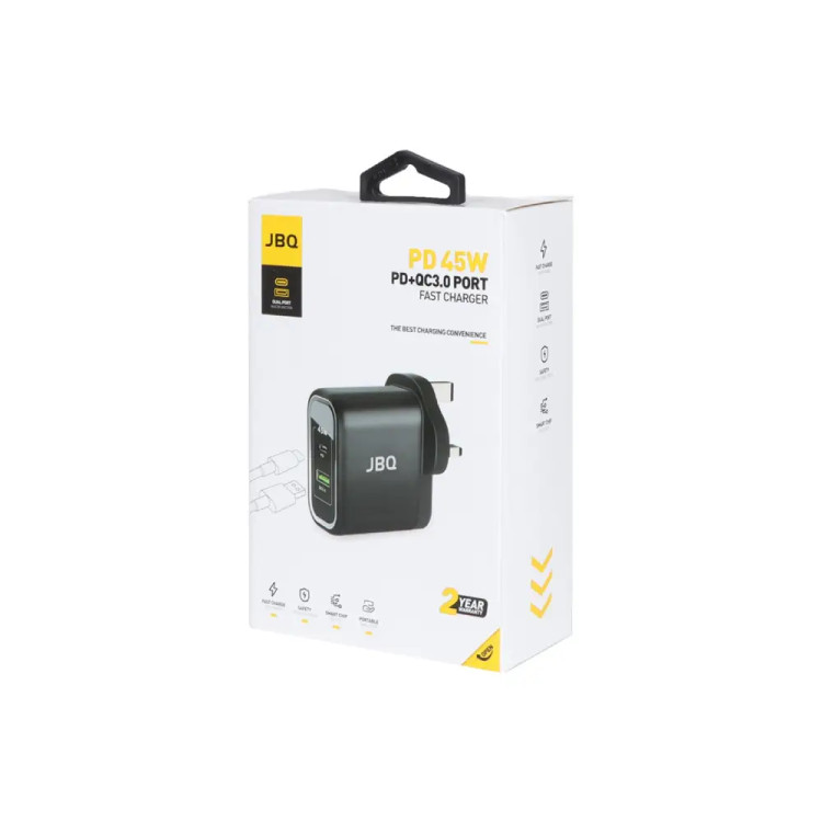 شارژر دیواری دوال پورت JBQ مدل HC-745 — توان 45 وات با PD + QC3.0، مناسب آیفون و سامسونگ