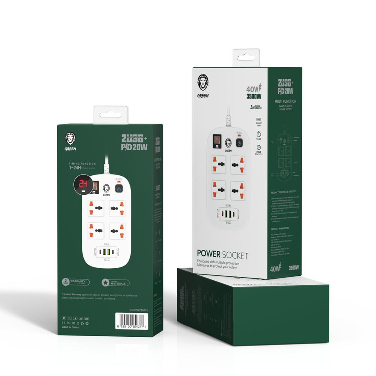چندراهی برق گرین ۴ خانه تایمردار با شارژ سریع PD 20W و QC3.0