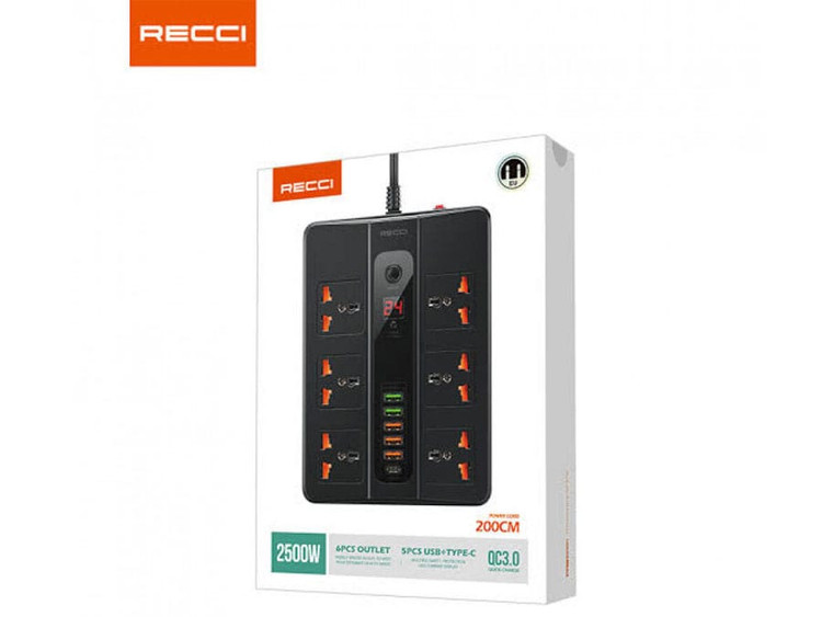 چندراهی برق Recci RC07 با ۶ پریز، ۵ پورت USB و تایمر دیجیتال – توان ۲۵۰۰ وات