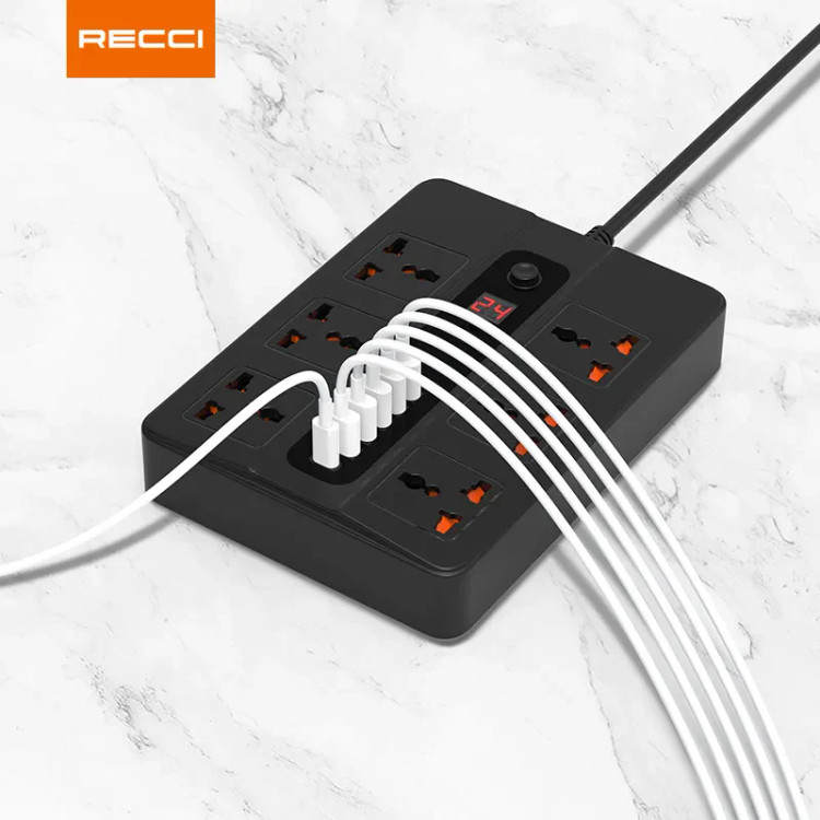 چندراهی برق Recci RC07 با ۶ پریز، ۵ پورت USB و تایمر دیجیتال – توان ۲۵۰۰ وات