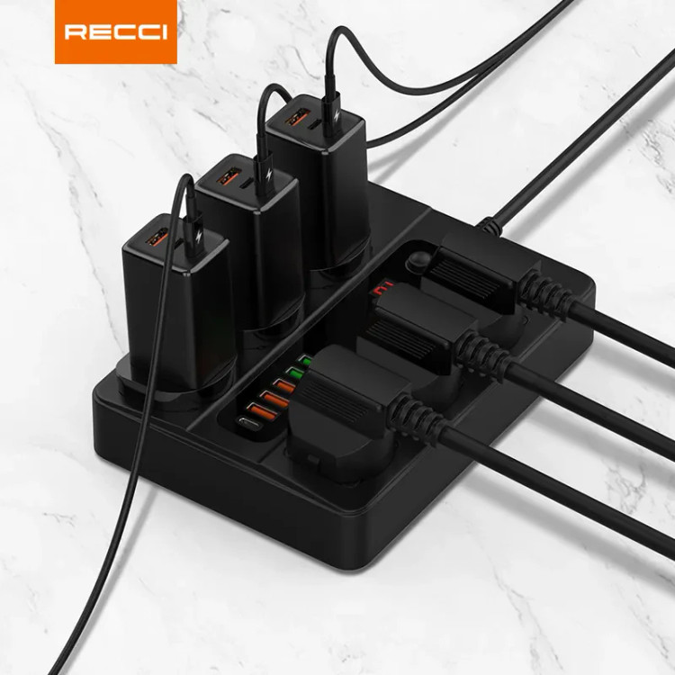 چندراهی برق Recci RC07 با ۶ پریز، ۵ پورت USB و تایمر دیجیتال – توان ۲۵۰۰ وات