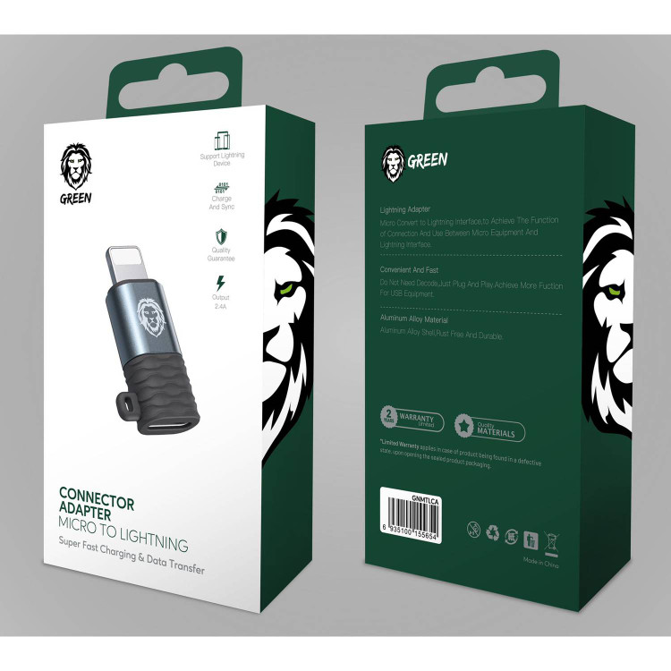 مبدل Micro USB به Lightning گرین لاین (Green Lion) با شارژ سریع 2.4A و انتقال دیتا