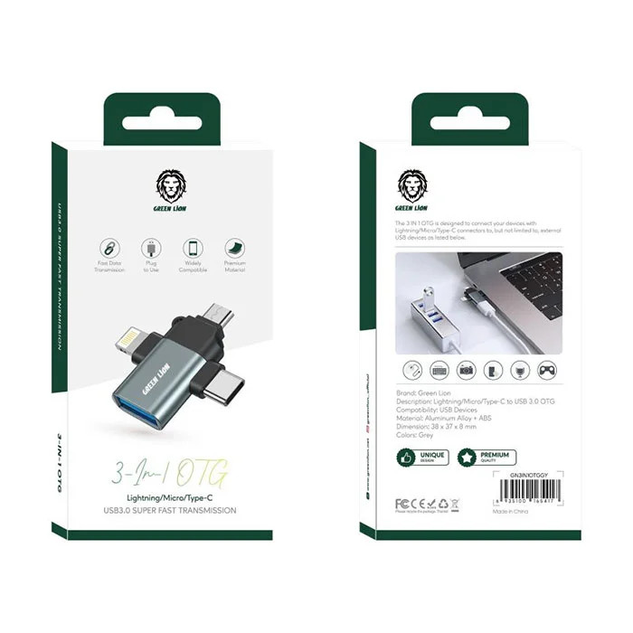مبدل OTG سهکاره گرین لاین USB 3.0 به Type-C / Lightning / Micro-USB (مدل 3-In-1)