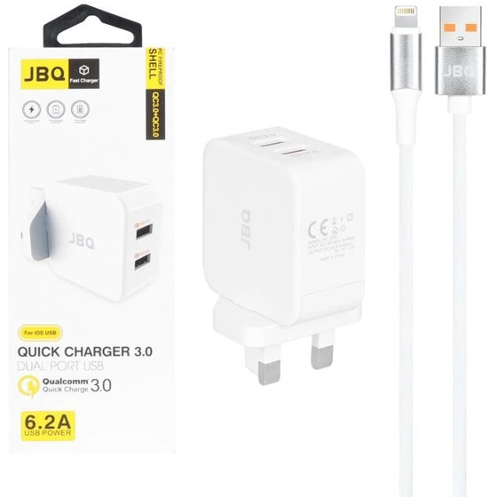 شارژر دیواری JBQ مدل HC-12F2 دو پورت USB با کابل Lightning، شارژ سریع QC 3.0
