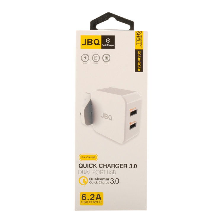 شارژر دیواری JBQ مدل HC-12F2 دو پورت USB با کابل Lightning، شارژ سریع QC 3.0