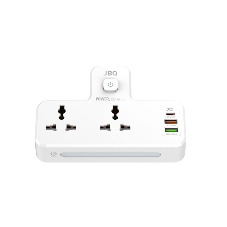 چندراهی برق و شارژر دیواری JBQ مدل SC2311 با 2 پریز برق، USB-C PD، QC3.0 و چراغ خواب لمسی