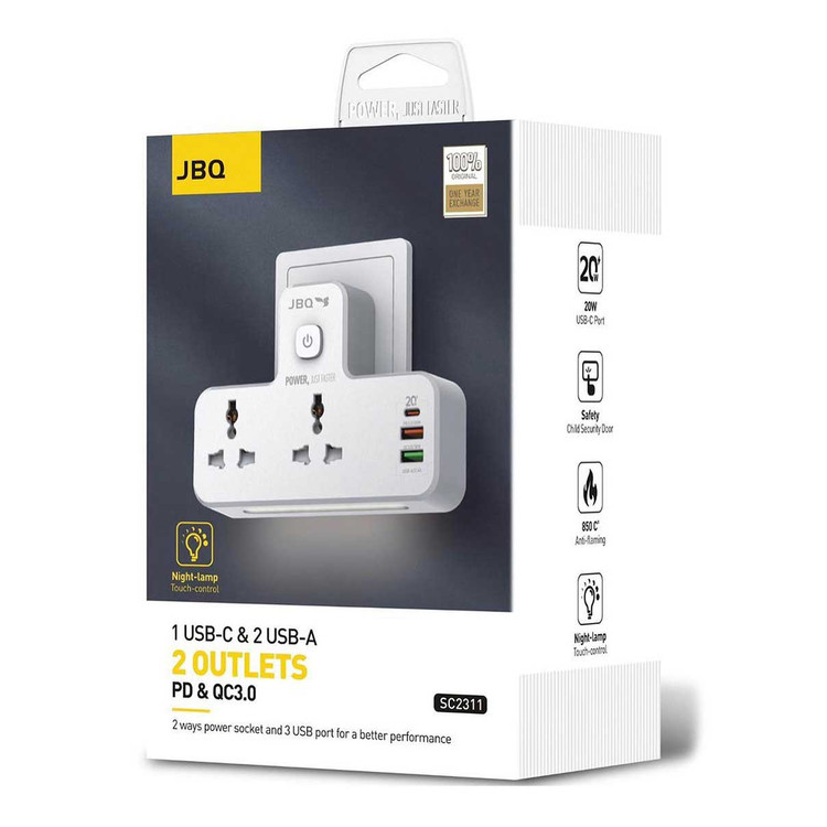 چندراهی برق و شارژر دیواری JBQ مدل SC2311 با 2 پریز برق، USB-C PD، QC3.0 و چراغ خواب لمسی