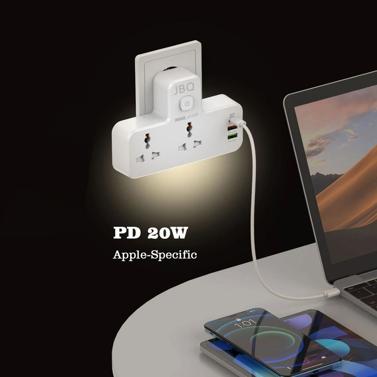 چندراهی برق و شارژر دیواری JBQ مدل SC2311 با 2 پریز برق، USB-C PD، QC3.0 و چراغ خواب لمسی